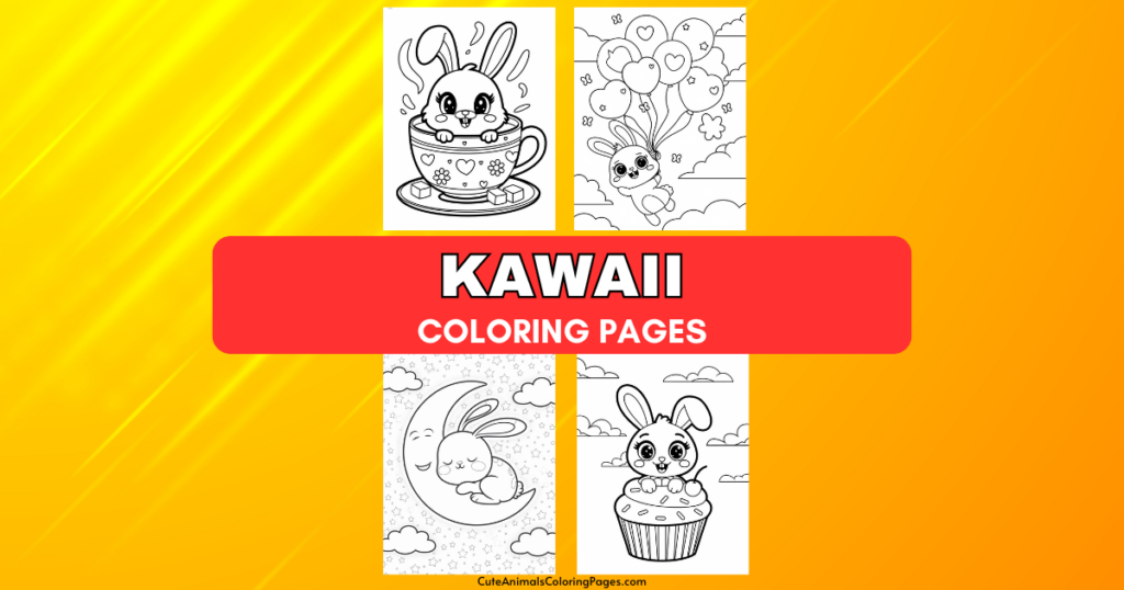 Kawaii coloring pages featuring cute bunny illustrations with tea cups, balloons, moon, and cupcakes on a yellow background.