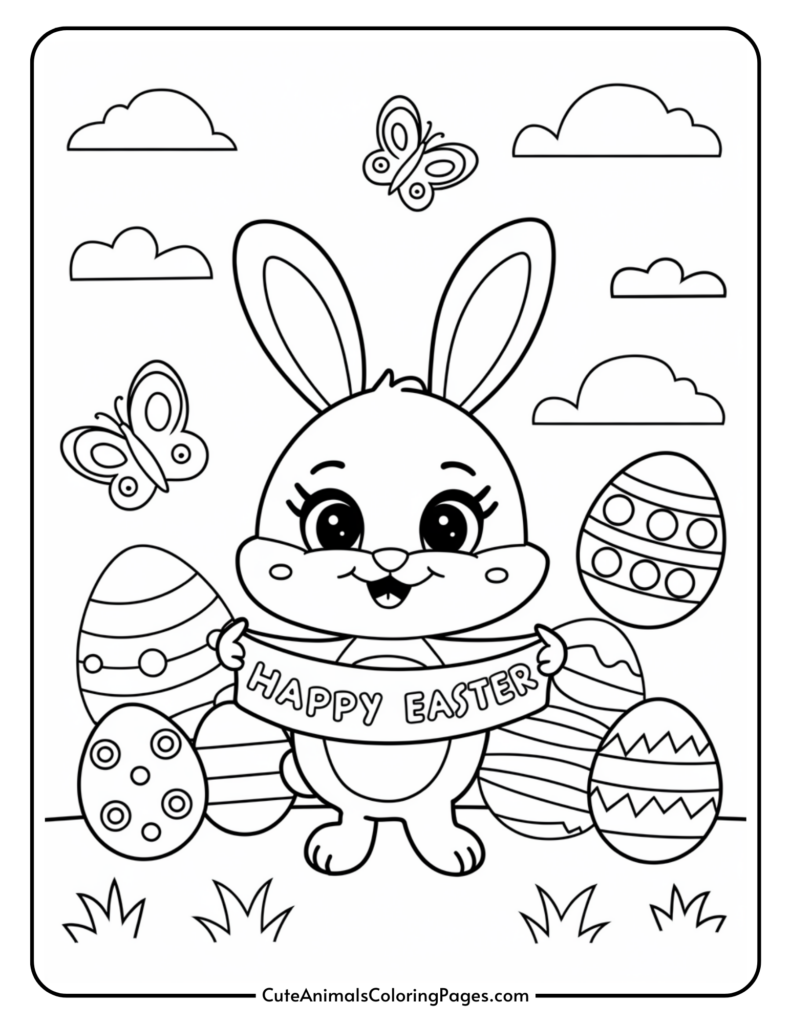 Cartoon bunny holding a "Happy Easter" sign, surrounded by decorated eggs, butterflies, clouds, and grass.