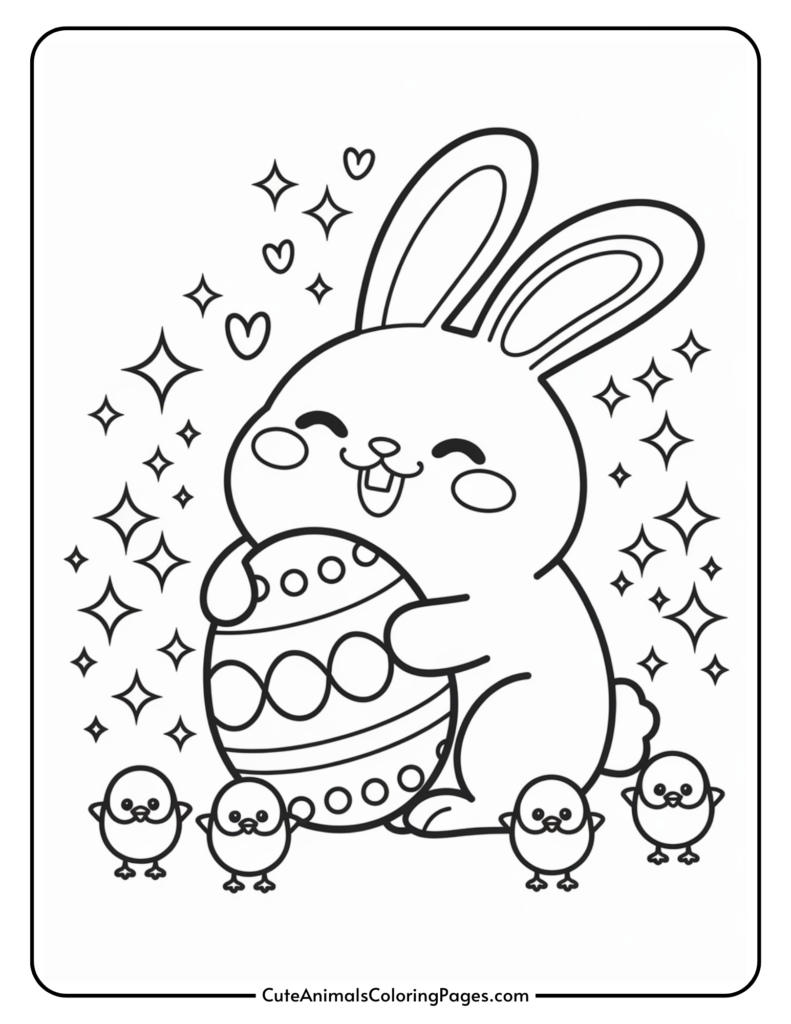 Cute cartoon bunny hugging an Easter egg surrounded by chicks, stars, and hearts.