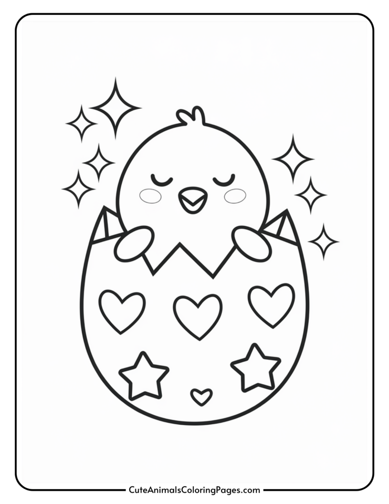 A cute chick hatching from an egg decorated with hearts and stars, surrounded by sparkles.