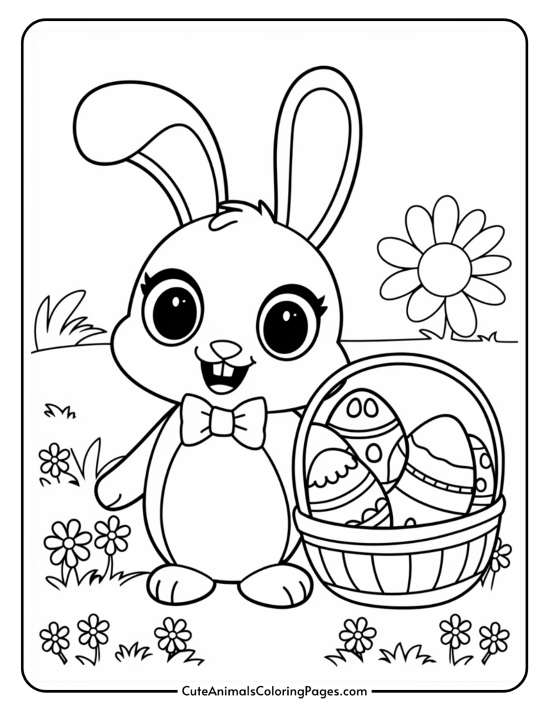 A cartoon bunny with a bow tie stands next to a basket of decorated Easter eggs in a field of flowers.