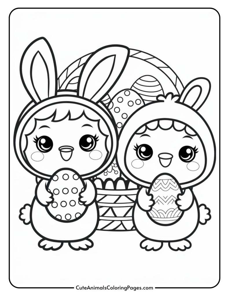 Two cartoon chicks in bunny costumes holding decorated Easter eggs, standing in front of a basket filled with more eggs.