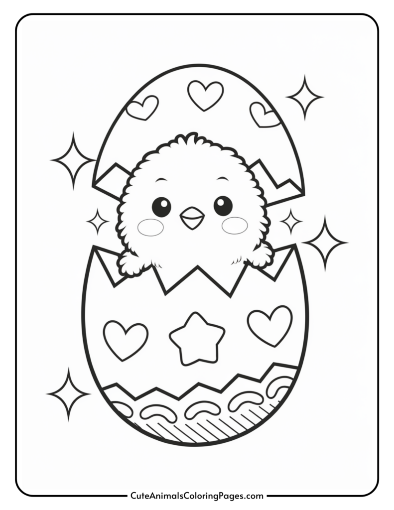 A cute cartoon chick hatching from an egg decorated with hearts and a star, surrounded by sparkles.