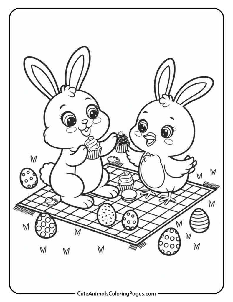 Cute cartoon bunny and chick having a picnic with cupcakes on a blanket surrounded by decorated eggs.