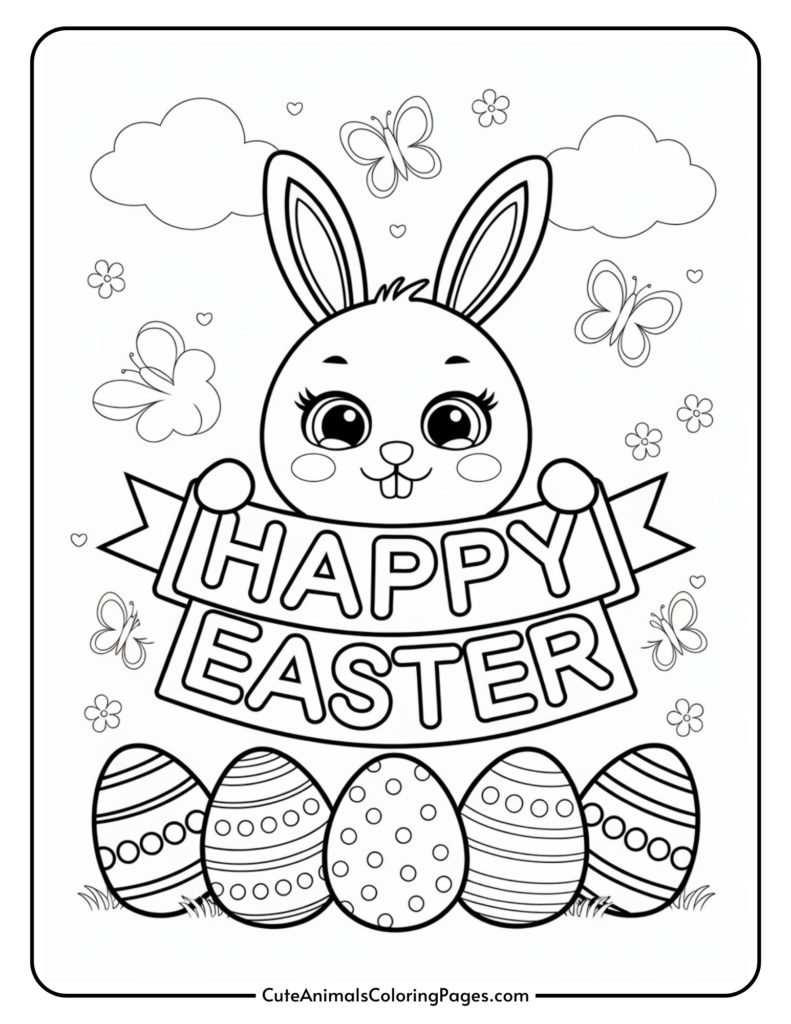 A cute bunny holding a "Happy Easter" sign, surrounded by Easter eggs, butterflies, and clouds.