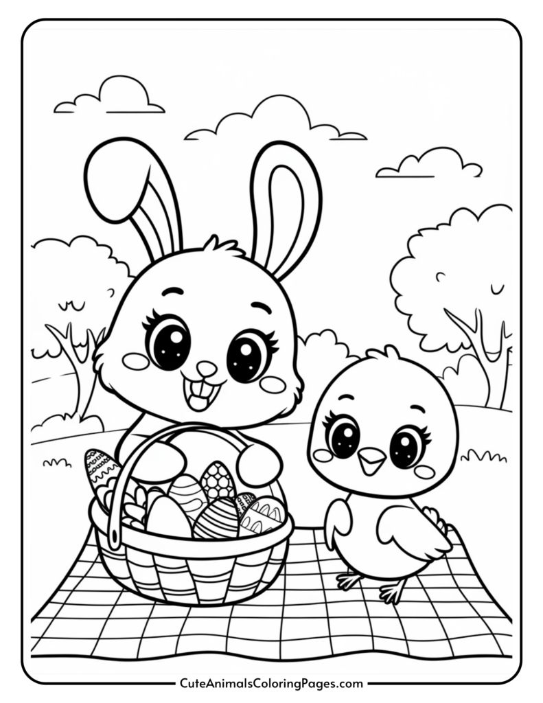 A cute cartoon bunny and chick sitting on a picnic blanket with a basket of decorated Easter eggs in a park setting.