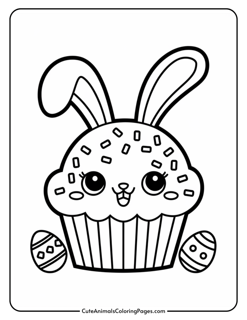 A cute cupcake with bunny ears and a face, decorated with sprinkles, surrounded by two small decorated eggs.