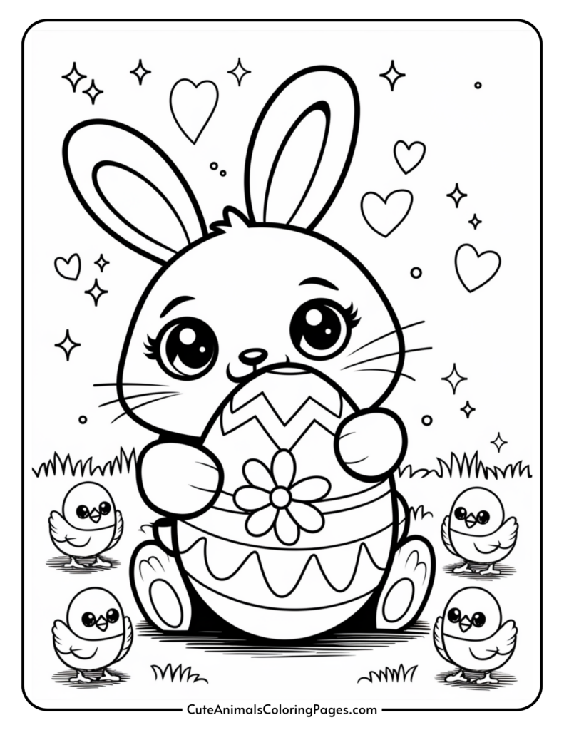 A cute cartoon bunny holding an Easter egg, surrounded by four small chicks, with hearts and stars in the background.