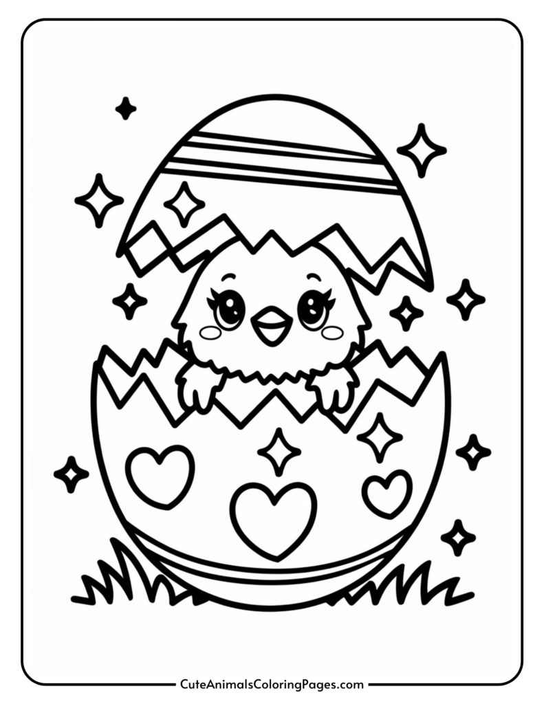 A cute chick hatching from an Easter egg surrounded by stars and hearts.