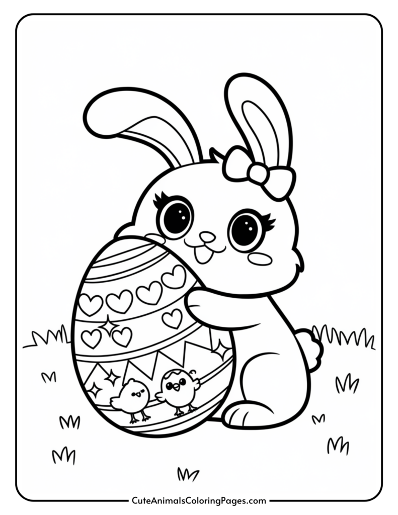 A cartoon bunny holding a large decorated Easter egg with patterns, hearts, and chick illustrations.