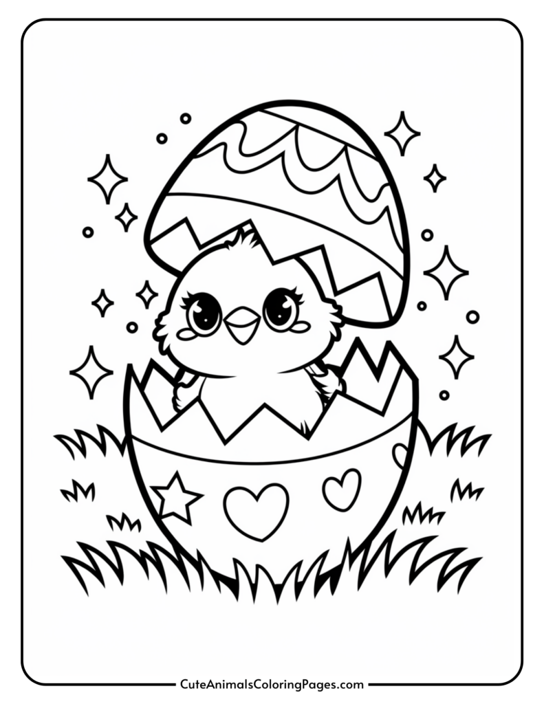 A cute chick hatching from a decorated Easter egg with stars and hearts, surrounded by sparkles and grass.