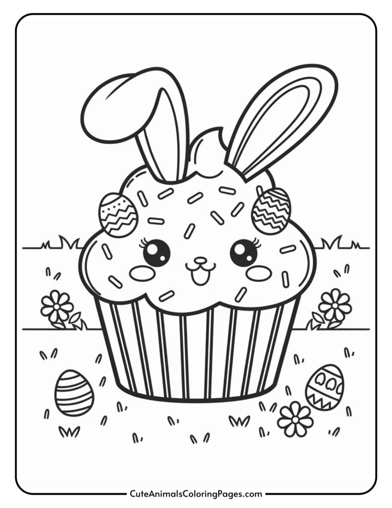 A coloring page featuring a cupcake with a cute face, bunny ears, and sprinkles, surrounded by Easter eggs and flowers in a grassy field.