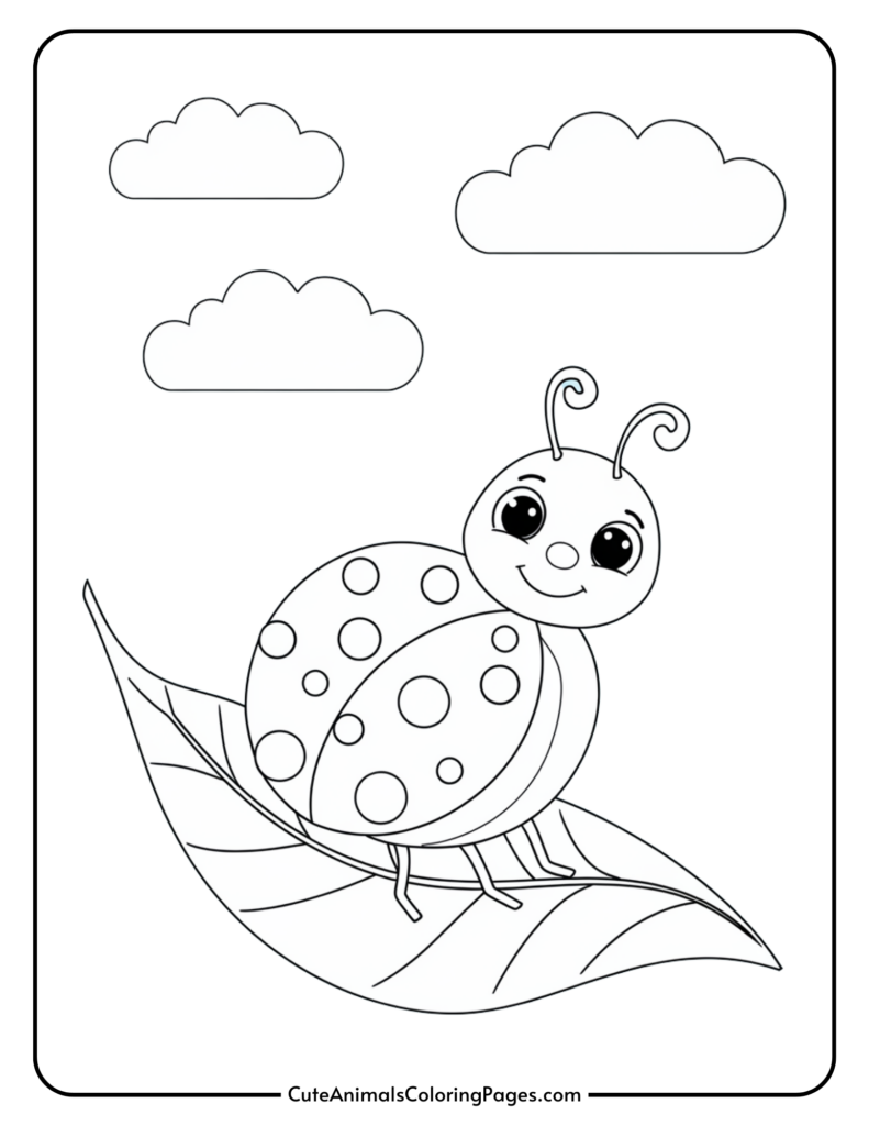 A cartoon ladybug on a leaf with clouds in the sky, outlined for coloring.