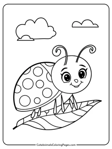 Cartoon ladybug with large eyes and spots on its back, standing on a leaf with two clouds in the background.