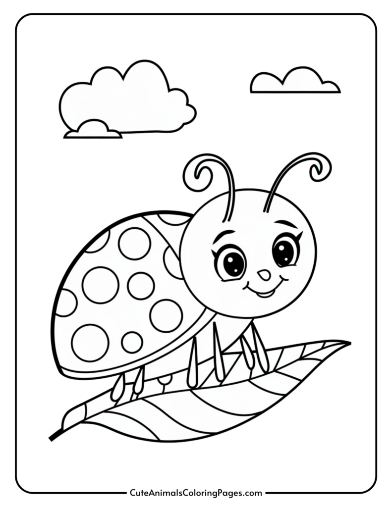 Cartoon ladybug with large eyes and spots on its back, standing on a leaf with two clouds in the background.