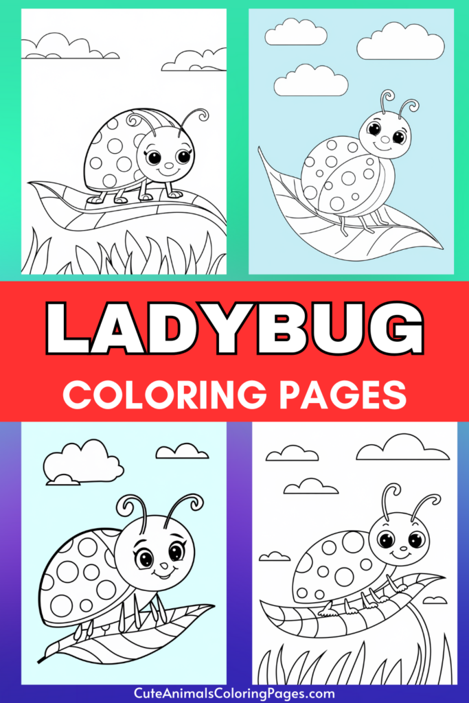 Ladybug coloring pages featuring cartoon ladybugs on leaves with clouds in the background.