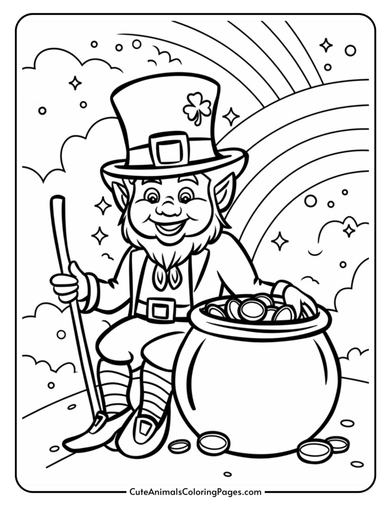 A cheerful leprechaun sitting beside a pot of gold under a rainbow, holding a stick, with clouds and stars in the background.