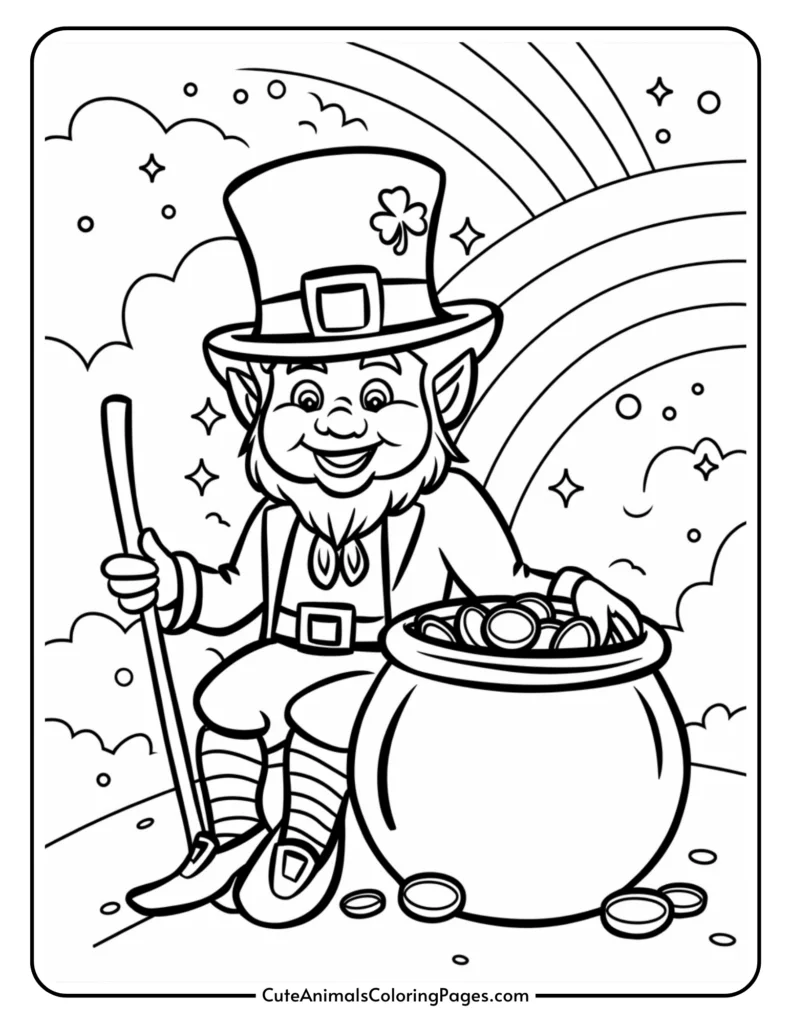 A cheerful leprechaun sitting beside a pot of gold under a rainbow, holding a stick, with clouds and stars in the background.