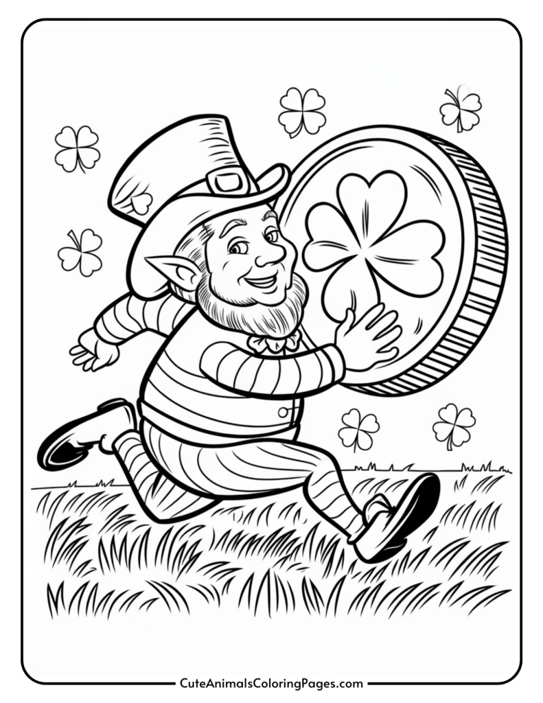 A leprechaun running with a large coin featuring a clover, surrounded by clovers in a grassy field.