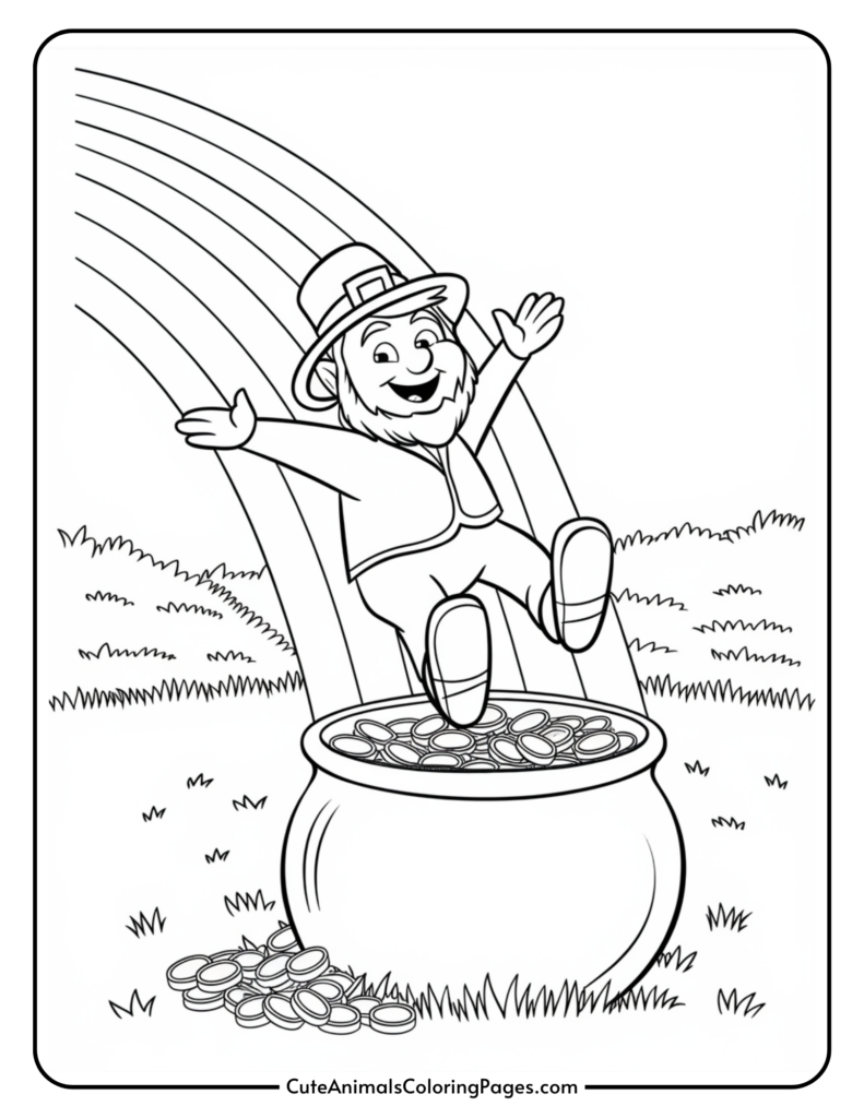 A cheerful leprechaun sliding down a rainbow into a pot of gold coins, set in a grassy landscape.