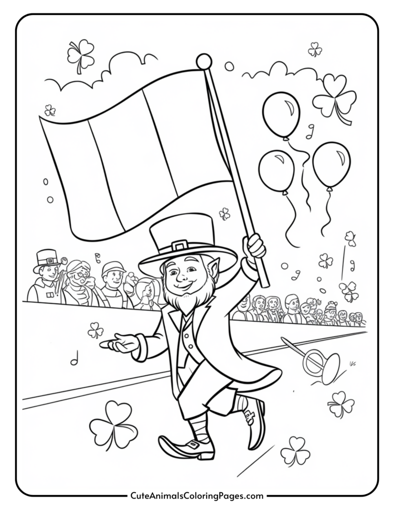 A leprechaun wearing a hat and coat is cheerfully marching in a parade, holding a large flag. The crowd in the background watches as balloons and shamrocks float around.