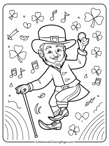 A cartoon leprechaun holding a coin and leaning on a cane, surrounded by shamrocks, musical notes, and a rainbow.