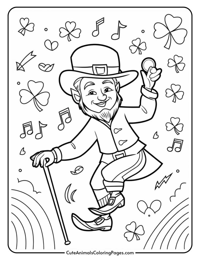 A cartoon leprechaun holding a coin and leaning on a cane, surrounded by shamrocks, musical notes, and a rainbow.