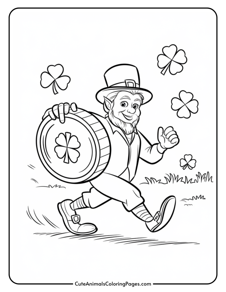 A leprechaun walking with a large barrel, surrounded by shamrocks.