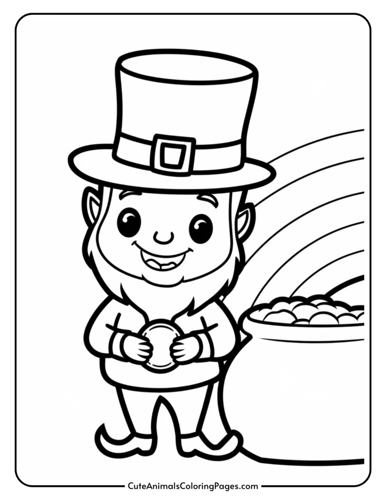 A cartoon leprechaun holding a coin stands next to a pot of gold with a rainbow in the background.