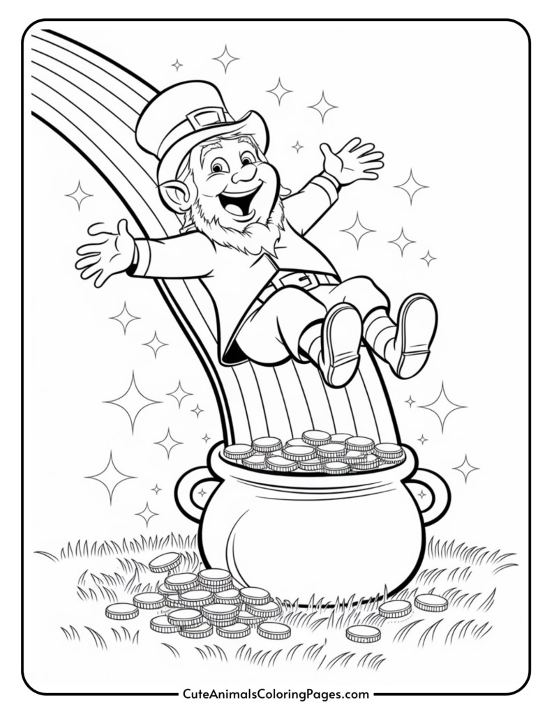 A leprechaun sliding down a rainbow into a pot of gold coins with stars in the background.