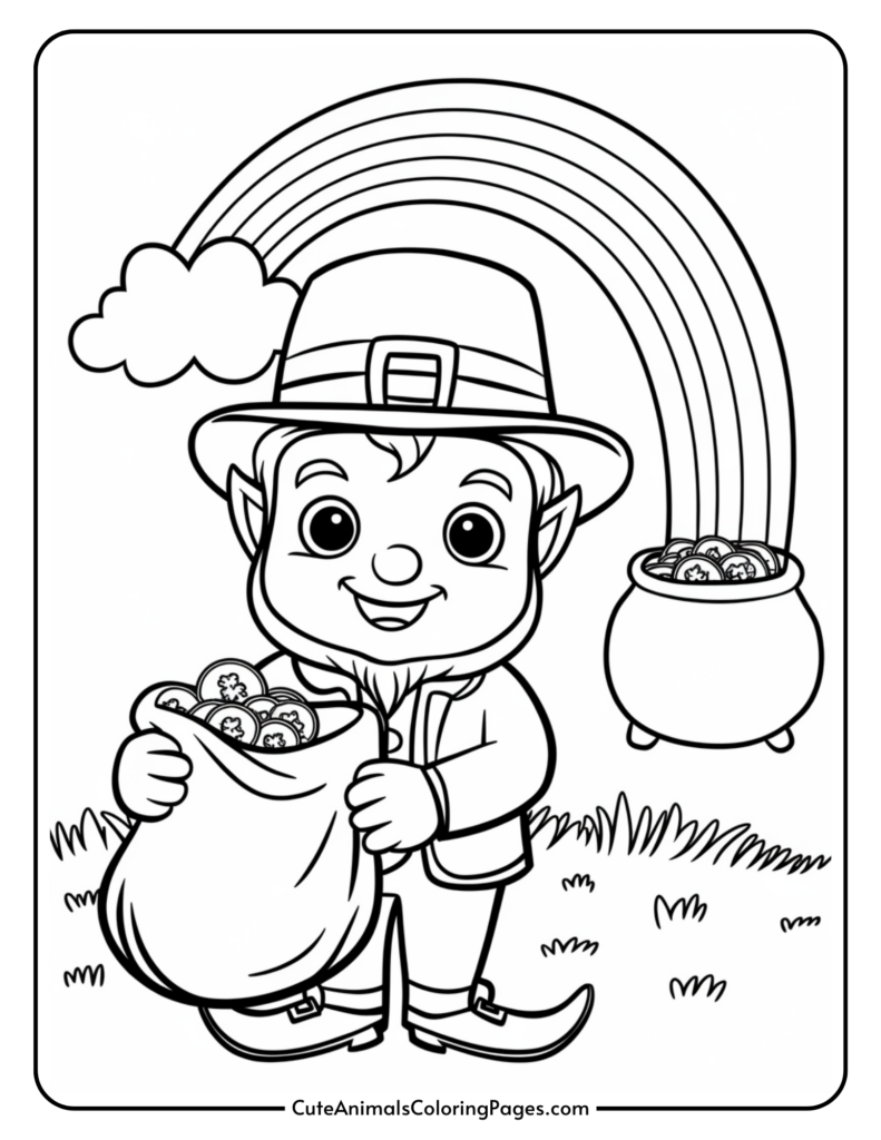 A cartoon leprechaun holding a bag of coins with a pot of gold at the end of a rainbow in the background.