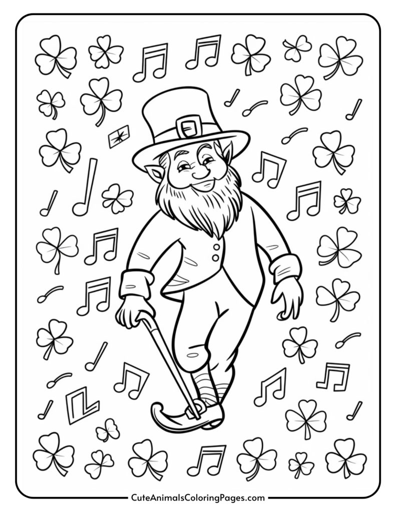 A cartoon leprechaun with a beard and hat, holding a cane, surrounded by shamrocks and musical notes.