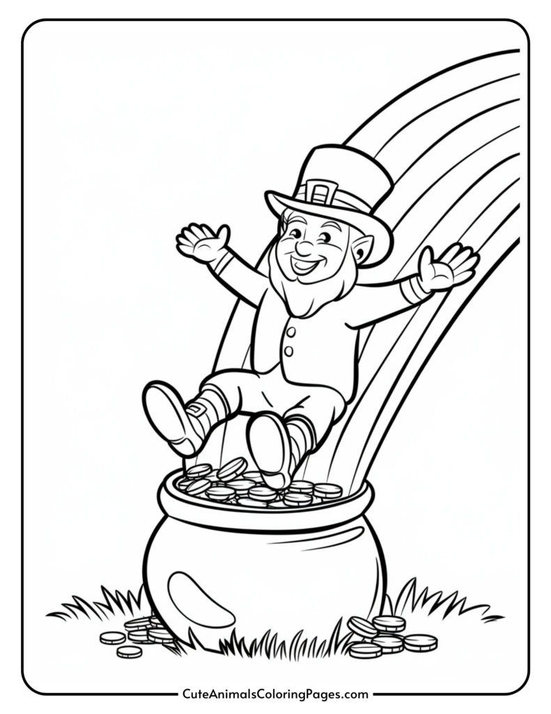 A leprechaun with a hat sliding down a rainbow into a pot of gold coins.