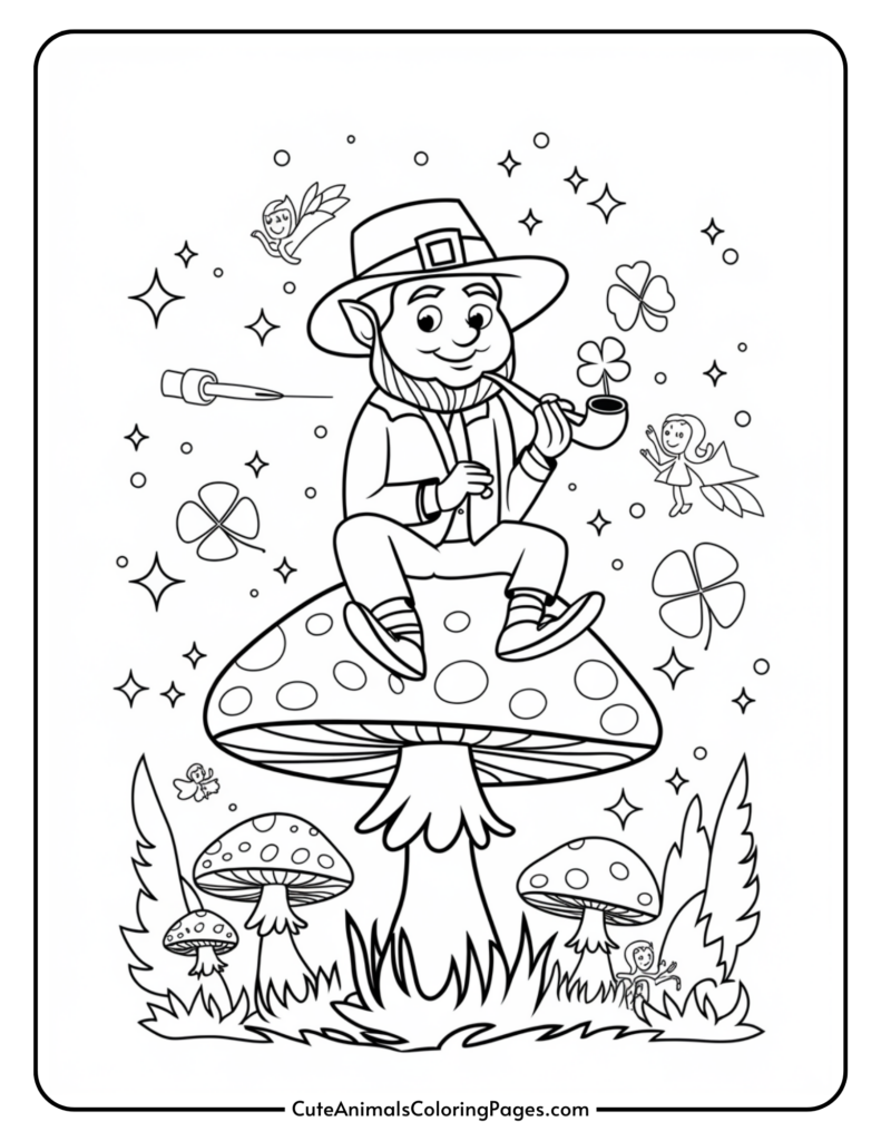 "Coloring page of a leprechaun sitting on a large mushroom, surrounded by fairies, clovers, and stars."