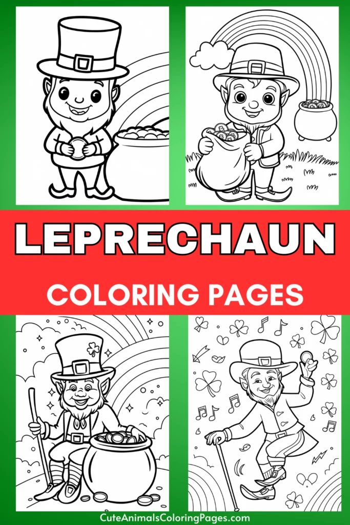 Leprechaun-themed coloring pages featuring four illustrations of leprechauns, rainbows, and pots of gold.