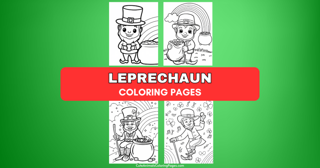 Leprechaun-themed coloring pages on a green background.