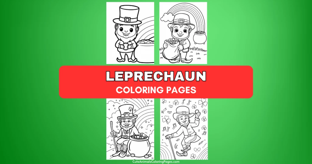 Leprechaun-themed coloring pages on a green background.