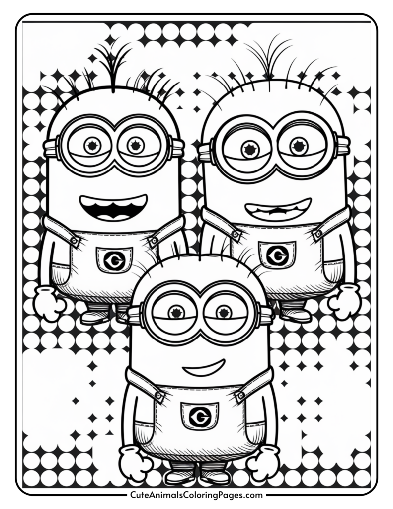 Three cartoon characters with goggles and overalls, set against a dotted background.