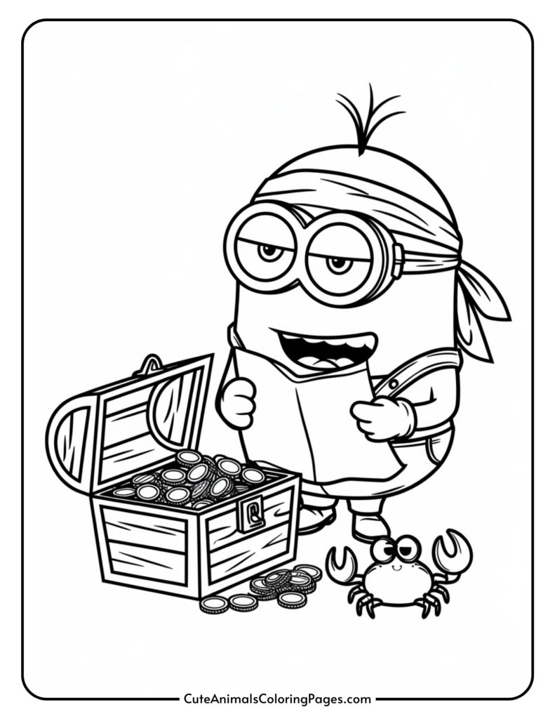 A cartoon character with goggles and a bandana holding a map, standing next to an open treasure chest and a crab.