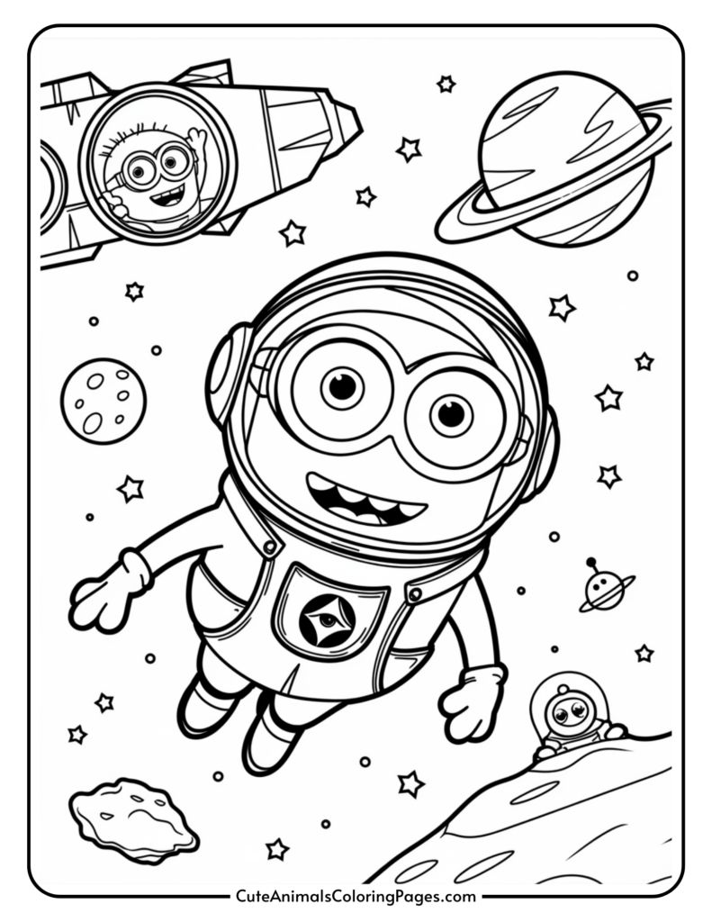 Cartoon character in a spacesuit floating in space with stars, planets, and an asteroid, while another character waves from a spaceship in the background.