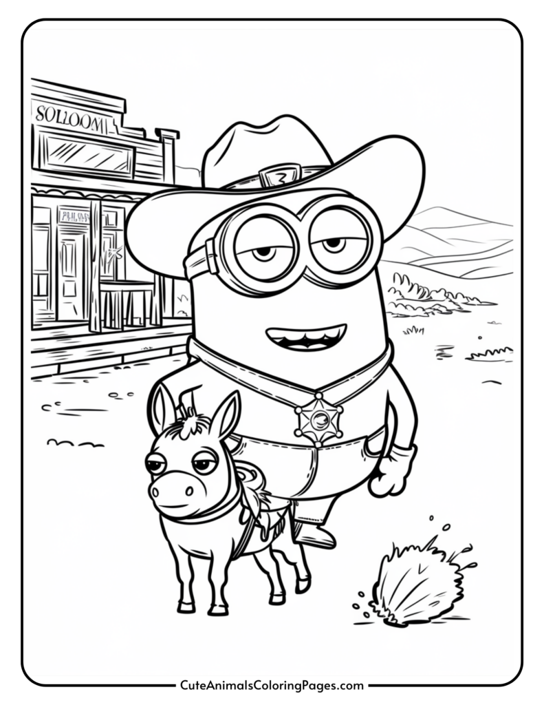 A cartoon character dressed as a cowboy with a sheriff badge stands next to a small donkey in front of a saloon.