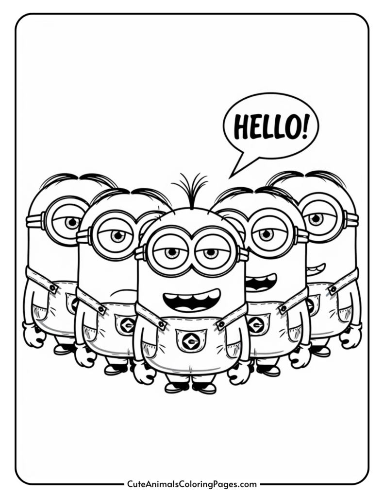 Five cartoon characters wearing overalls and goggles, with one saying "Hello!" in a speech bubble.