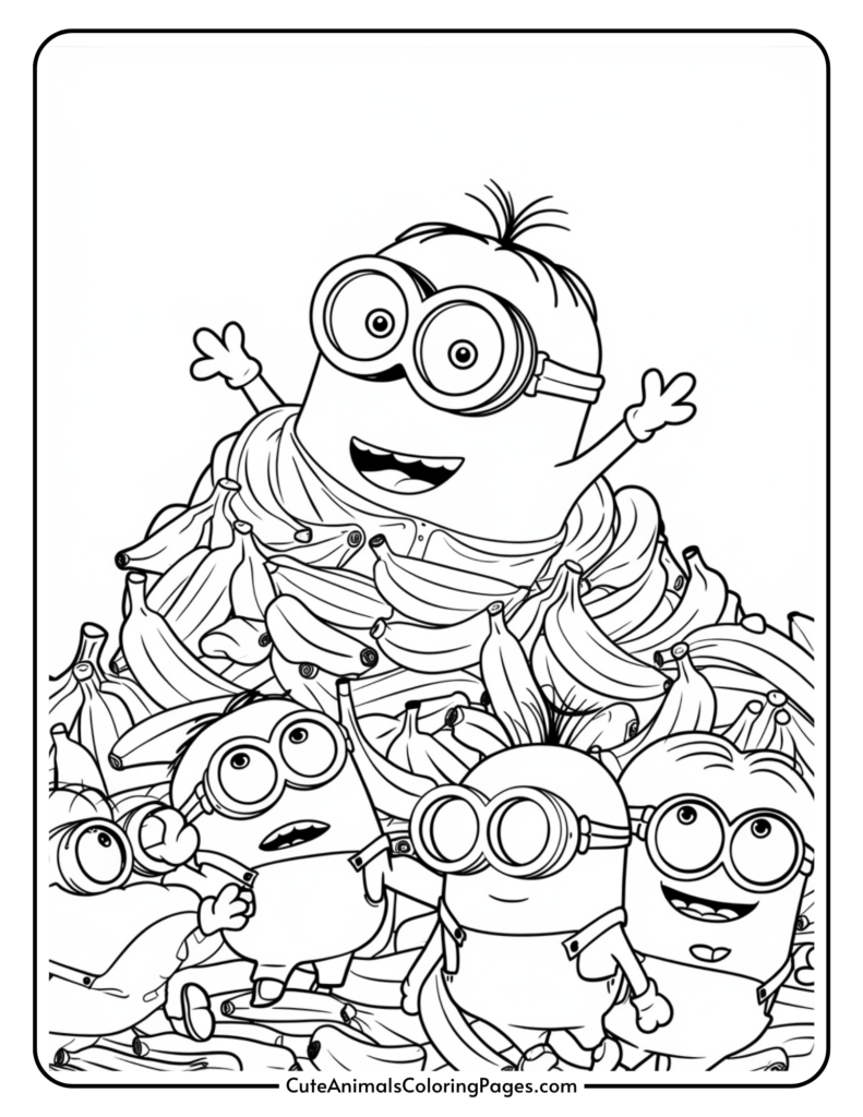 Cartoon characters surrounded by a large pile of bananas, looking happy and excited.