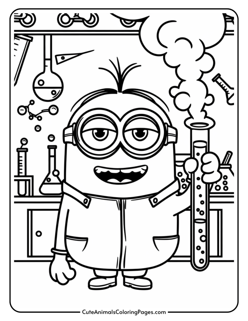 A cartoon Minion in a lab coat holding a test tube with smoke, surrounded by laboratory equipment.