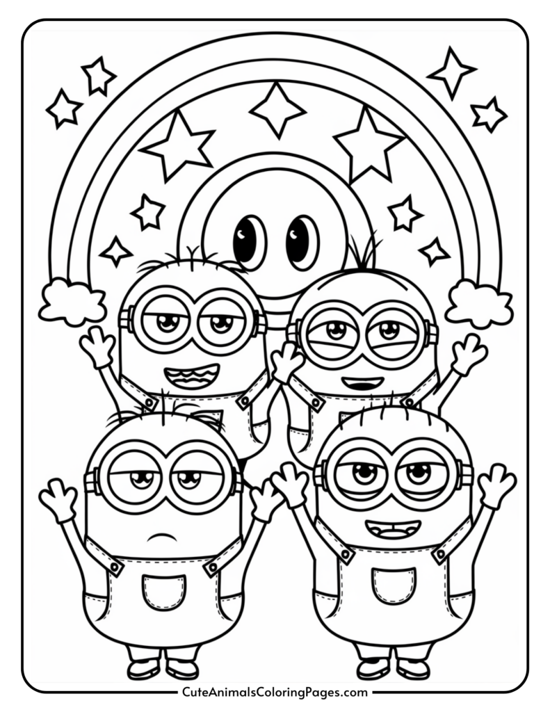 Four cartoon characters with goggles and overalls, raising their arms, set against a background of a rainbow and stars.