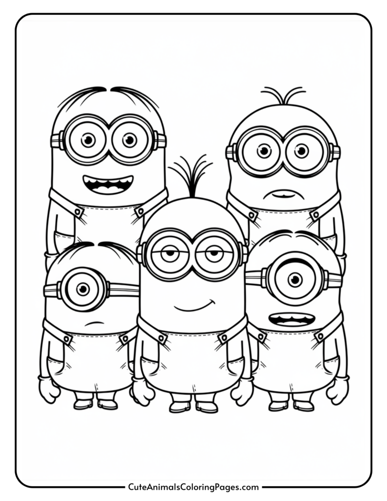 Five cartoon minions wearing overalls and goggles, standing together.