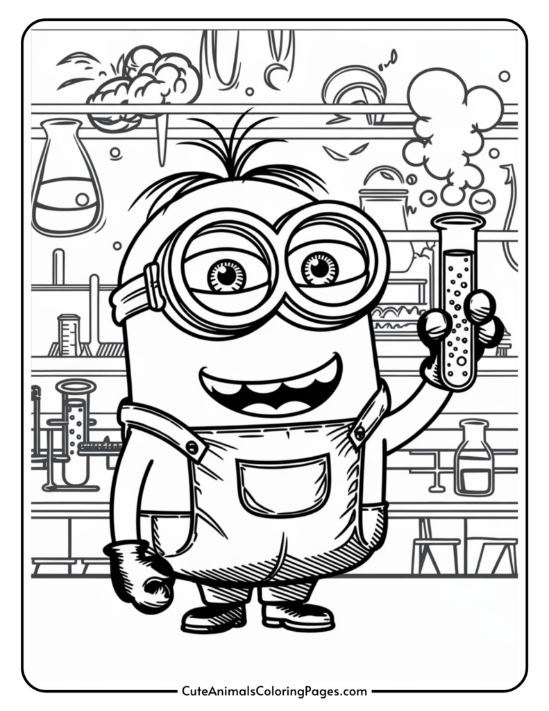 A cartoon character in goggles and overalls holds a bubbling test tube in a laboratory setting.