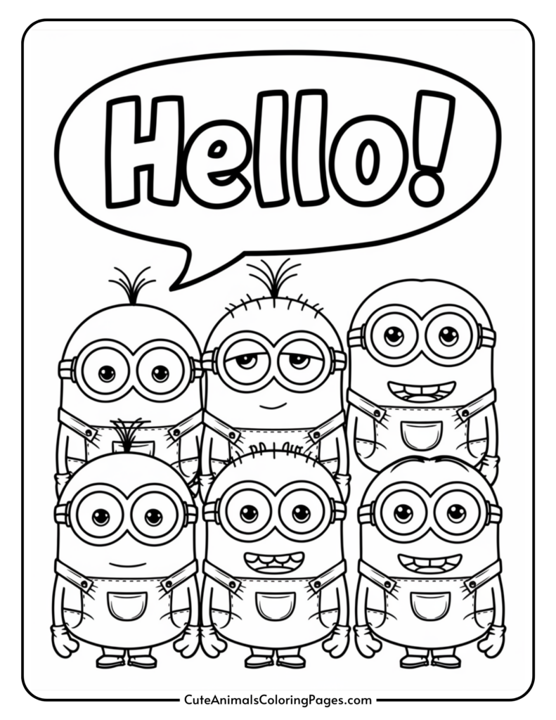 Cartoon minions with a speech bubble saying "Hello!"