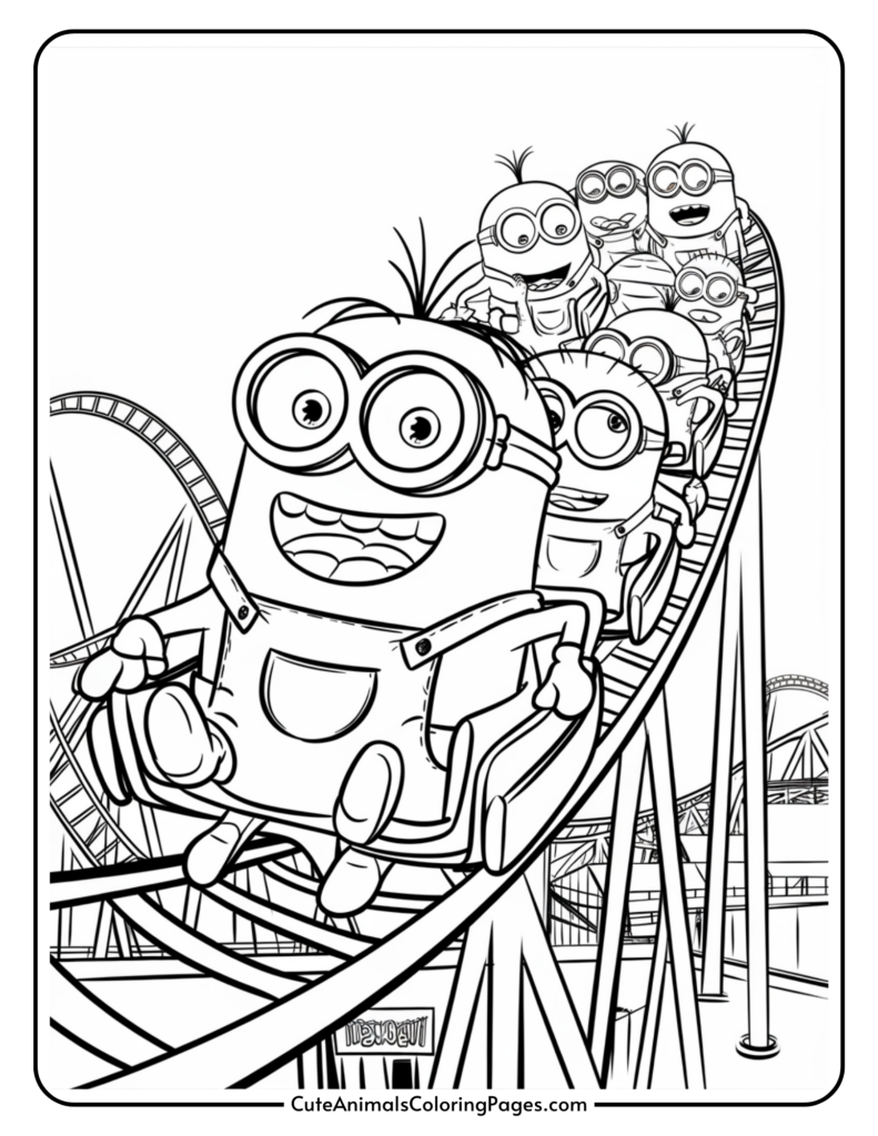 Cartoon characters riding a roller coaster with excited expressions.