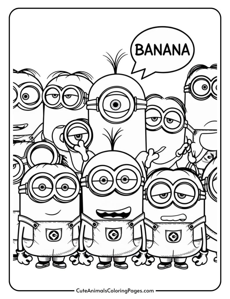 Cartoon minions from "Despicable Me" in overalls, with one saying "BANANA" in a speech bubble.